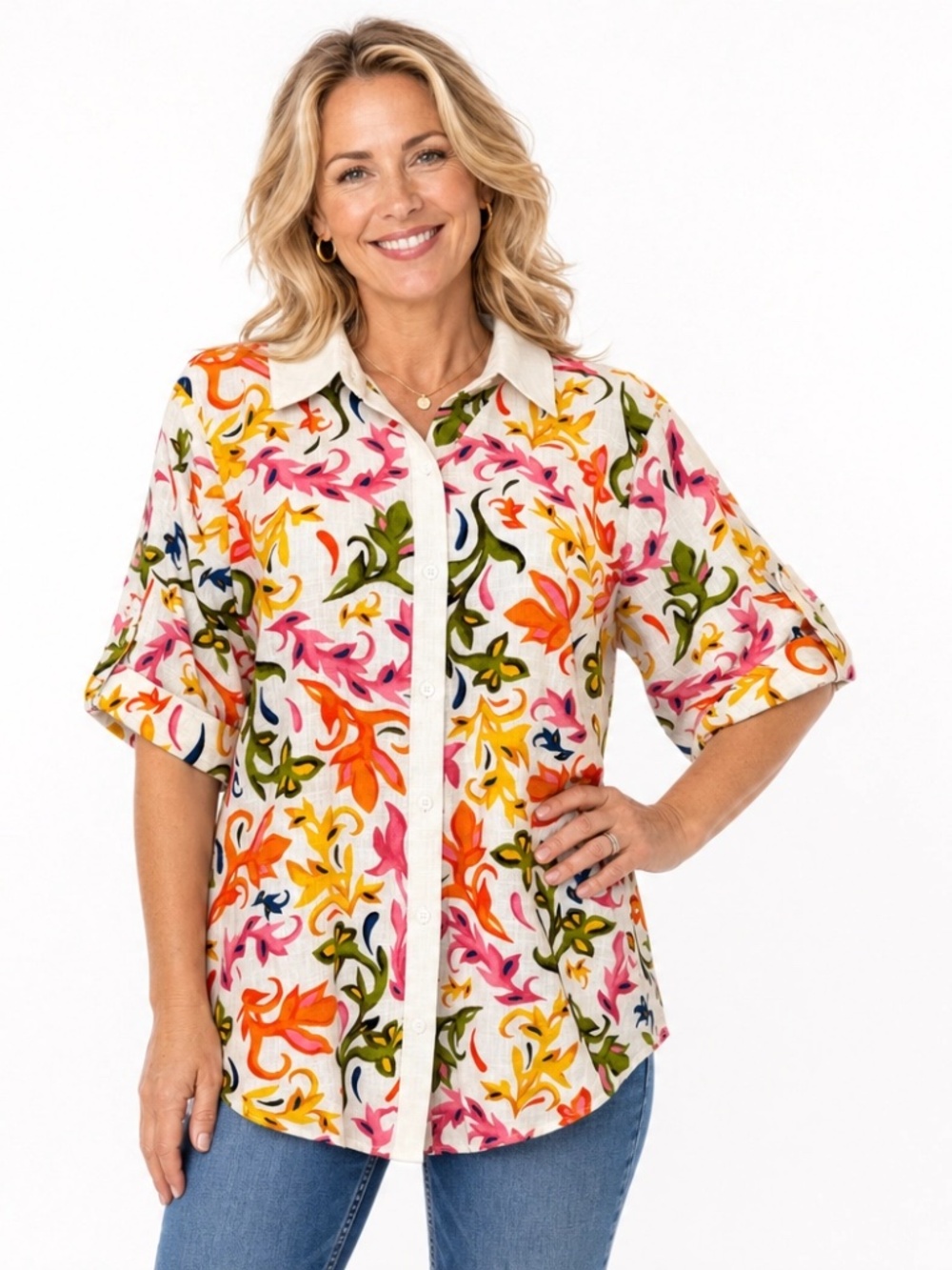 JM Collection Tropical Floral Button Front Blouse Size L NWT